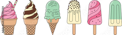 Ice cream treats cartoon illustration set. Soft serve cones and sprinkled popsicles in cute colorful style. Sweet summer dessert collection isolated on white background with gray border.
