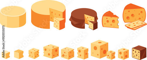 Cheese varieties flat illustration set. Wheels, wedges and cubes in modern minimalist style. Clean dairy design isolated on white background with dark gray frame.