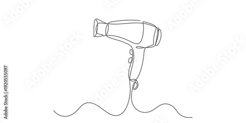 Continuous line drawing of a hair dryer on a white background, symbolizing beauty and styling Vector, illustration