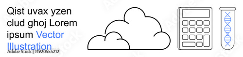 Cloud computing, biotechnology, education, data analysis, genetics, technology updates. Minimalist icons of a cloud, calculator and DNA. Cloud computing and biotechnology