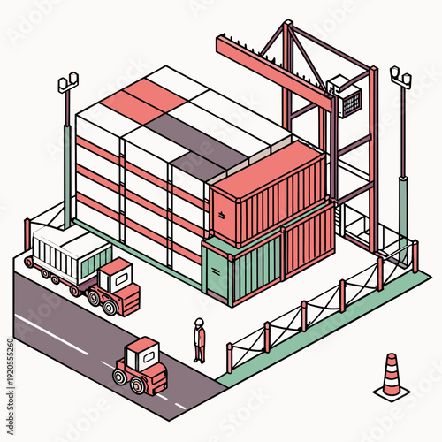 Isometric view of large container depot with crane and truck