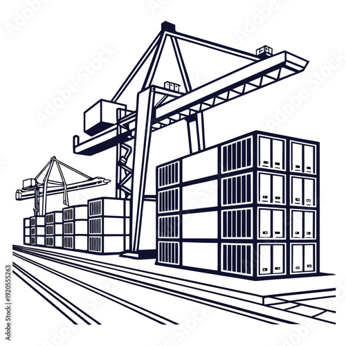 Cargo cranes and shipping containers on railroad tracks