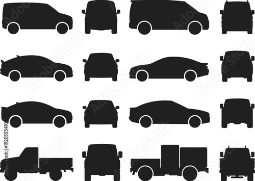Vehicle silhouette collection set, cars vans trucks front and side views, transportation icons pack, flat vector illustration
