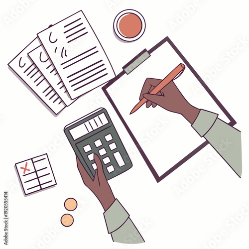 Brown hands holding calculator and pen over paperwork and clipboard on white background