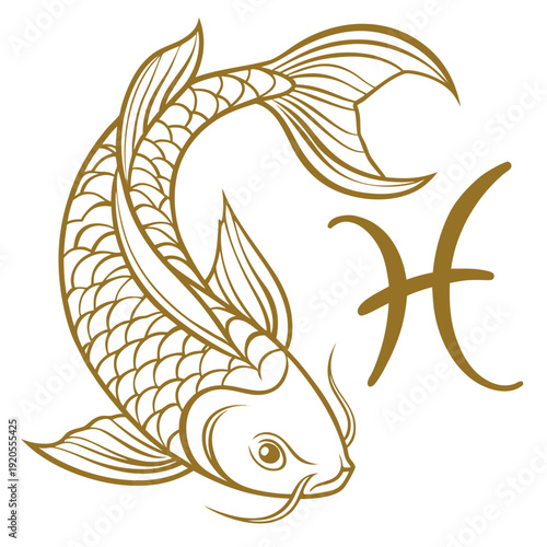 Gold koi fish with zodiac symbol for pisces fish scales