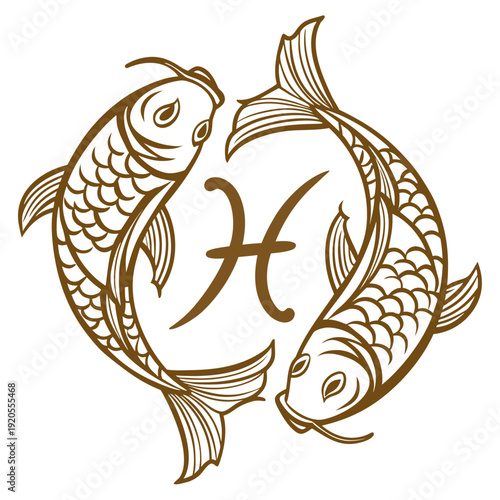 Brown of zodiac symbol with two fishes gold pisces