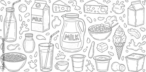Dairy products line art illustration set. Milk pitcher, cheese, cereal bowl and ice cream in playful hand drawn style. Black and white food packaging design with gray border.