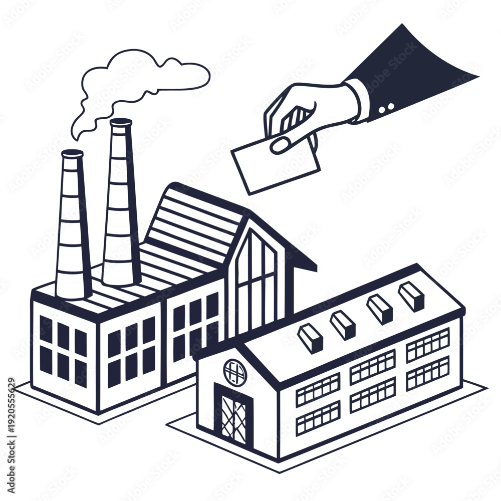 Obraz premium Industrial building with smokestacks and hand holding money