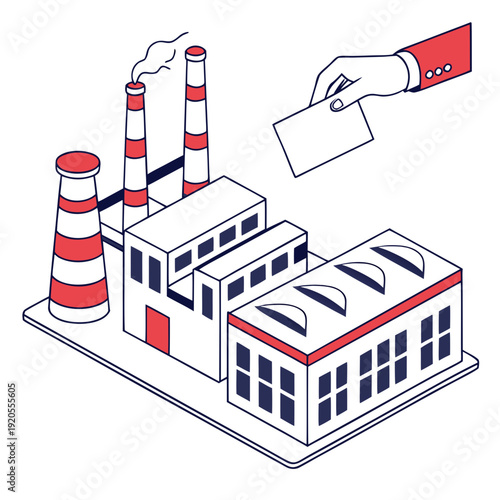 Isometric of factory with smoking chimneys and hand holding card