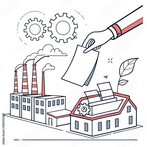 Industrial factory with hand holding ballot box and gear