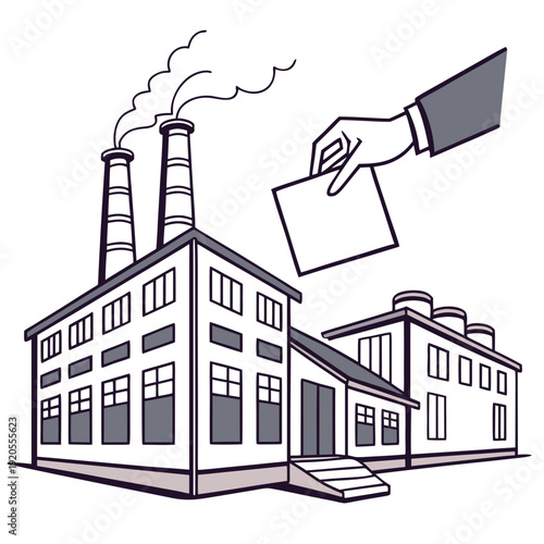 Industrial building with smokestacks and hand holding envelope