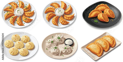 Dumpling dishes illustration set. Potstickers, steamed dumplings and empanadas with dipping sauces. Realistic food design isolated on white background.