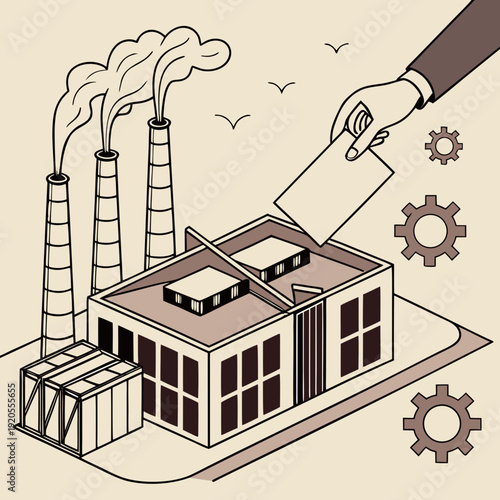 Industrial factory with smoking chimneys and hand holding ballot box