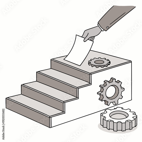 Gray and white of a hand putting a ballot into a gear shaped ballot box with steps
