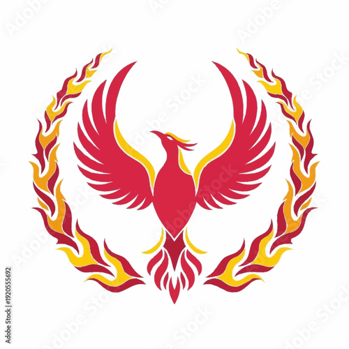 Majestic Phoenix Bird with Fiery Wings and Circular Flame Border.