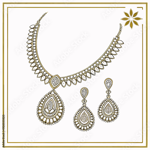 Gold bridal jewelry set with teardrop shaped pendant and earrings