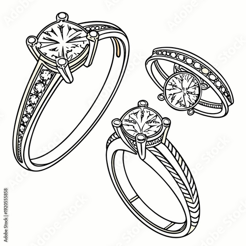 Gold diamond rings with detailed settings and bands