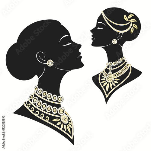 Gold jewelry on black silhouettes of women necklaces