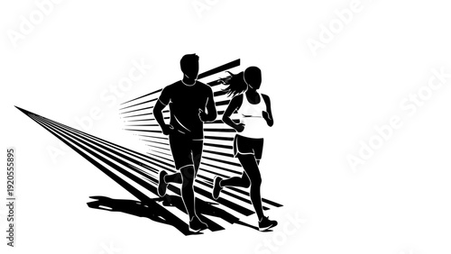 Running man and woman, isolated vector silhouettes. Run, side view. Silhouettes of athletic looking male and female runners running. Transparent background SVG version.