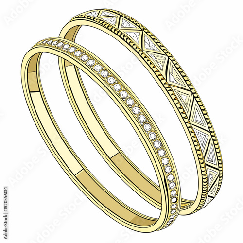 Gold bangles with white stones and triangle jewelry