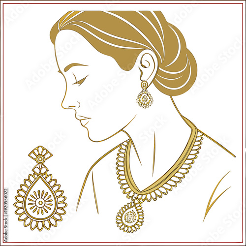 Gold necklace and earrings on woman gold jewelry golden