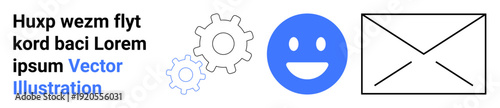 Business operations, communication, teamwork, workflow, email marketing, messaging. Image features gears, a happy face and an envelope icon. Business operations and communication
