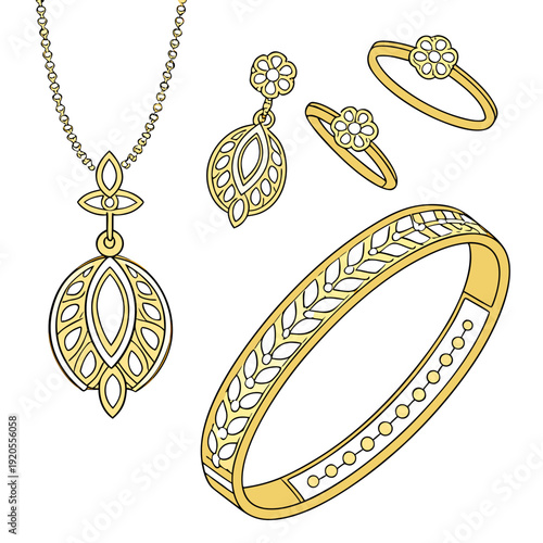 Gold jewelry set with pendant necklace earrings and rings