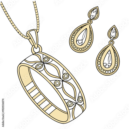 Gold jewelry set with pendant necklace and earrings
