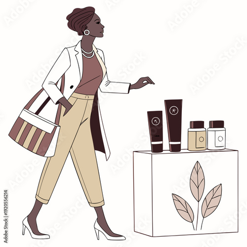 Woman in white coat standing next to cosmetics display