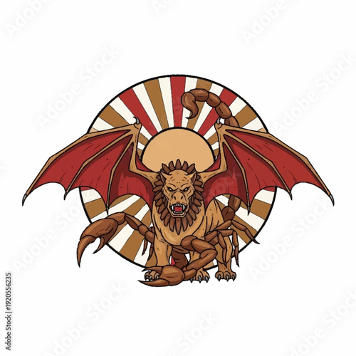 Mythical Manticore Creature with Scorpion Tail and Bat Wings.