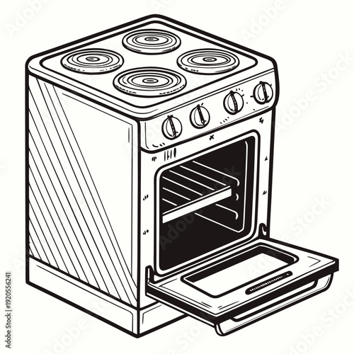 Black and white of electric stove with oven door open