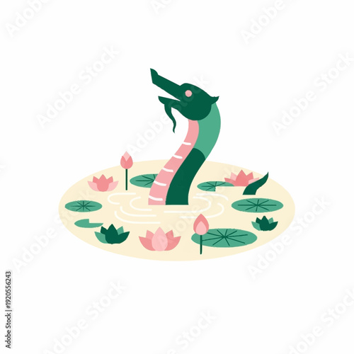 Mythical Naga serpent emerging from a serene lotus pond.