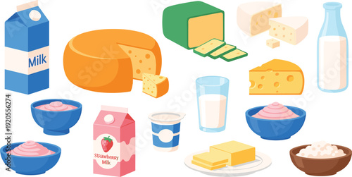 Dairy products flat illustration set. Milk cartons, cheese wheels, yogurt bowls and cottage cheese in cartoon style. Clean food design isolated on white background.