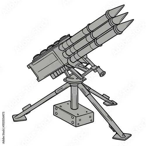 Ground based missile launcher with three missiles on a tripod stand