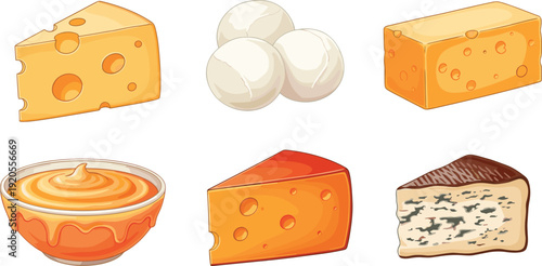 Cheese varieties illustration set. Swiss, cheddar, Gouda, blue cheese and queso balls in 2x3 grid. Cartoon dairy collection isolated on white background.