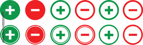 Collection of green plus and red minus sign icons simple vector symbols for adding or removing items isolated on white background