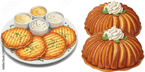 Potato pancakes and bundt cakes illustration. Golden savory fritters with dipping sauces beside decorative desserts. Clean food design isolated on white background.
