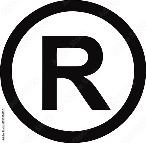 Registered trademark symbol R a black and white circular icon representing intellectual property and brand protection isolated on a white background