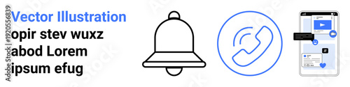 Digital communication, notifications, customer service, mobile apps, user interface, phone support. Black bell icon, outlined call symbol smartphone screen. Digital communication and notifications