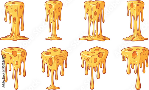 Cartoon cheese strings illustration set. Eight melting yellow cheese drips in 2x4 grid. Glossy playful food design isolated on white background.