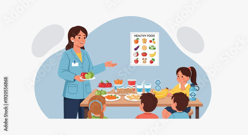 Nutritionist explaining healthy eating habits to children sitting around a table with various foods