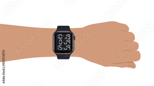 Close-up of a person's wrist wearing a digital smartwatch displaying multiple time zones, perfect for travel and global communication