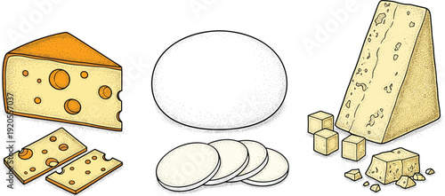 Maasdam, Mozzarella and Parmesan cheese illustration. Labeled dairy varieties with wedges and cubes in hand drawn style. Gourmet food chart isolated on white background.