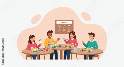 Group of people enjoying a meal together at a table with a presentation screen in the background