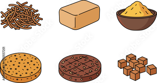 Vegan meat substitutes illustration set. Jackfruit, seitan, lentil patty and black bean burger in minimalist grid. Plant based protein foods isolated on white background.