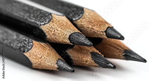 Close-up of multiple sharpened writing tools with dark graphite tips