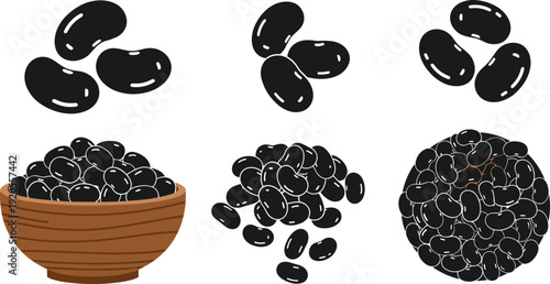 Black bean minimalist illustration set. Six compositions including clusters, scattered pile and wooden bowl. Glossy solid beans isolated on white background.