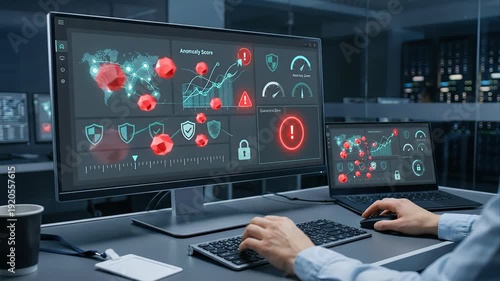 Professional it specialist working in a server room, detecting a global cyberattack on a world map interface, and successfully deploying a powerful antivirus to restore network security