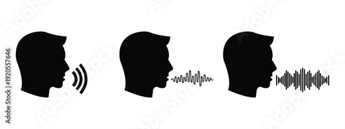 Sound graphic icon. Silhouette of a human head speaking with sound waves. Isolated sign on a white background. Vector illustration.