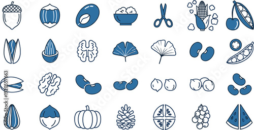Blue line art food icon set. Thirty minimalist nut, fruit and kitchen symbols in 6x5 grid. Modern outline collection isolated on white background.